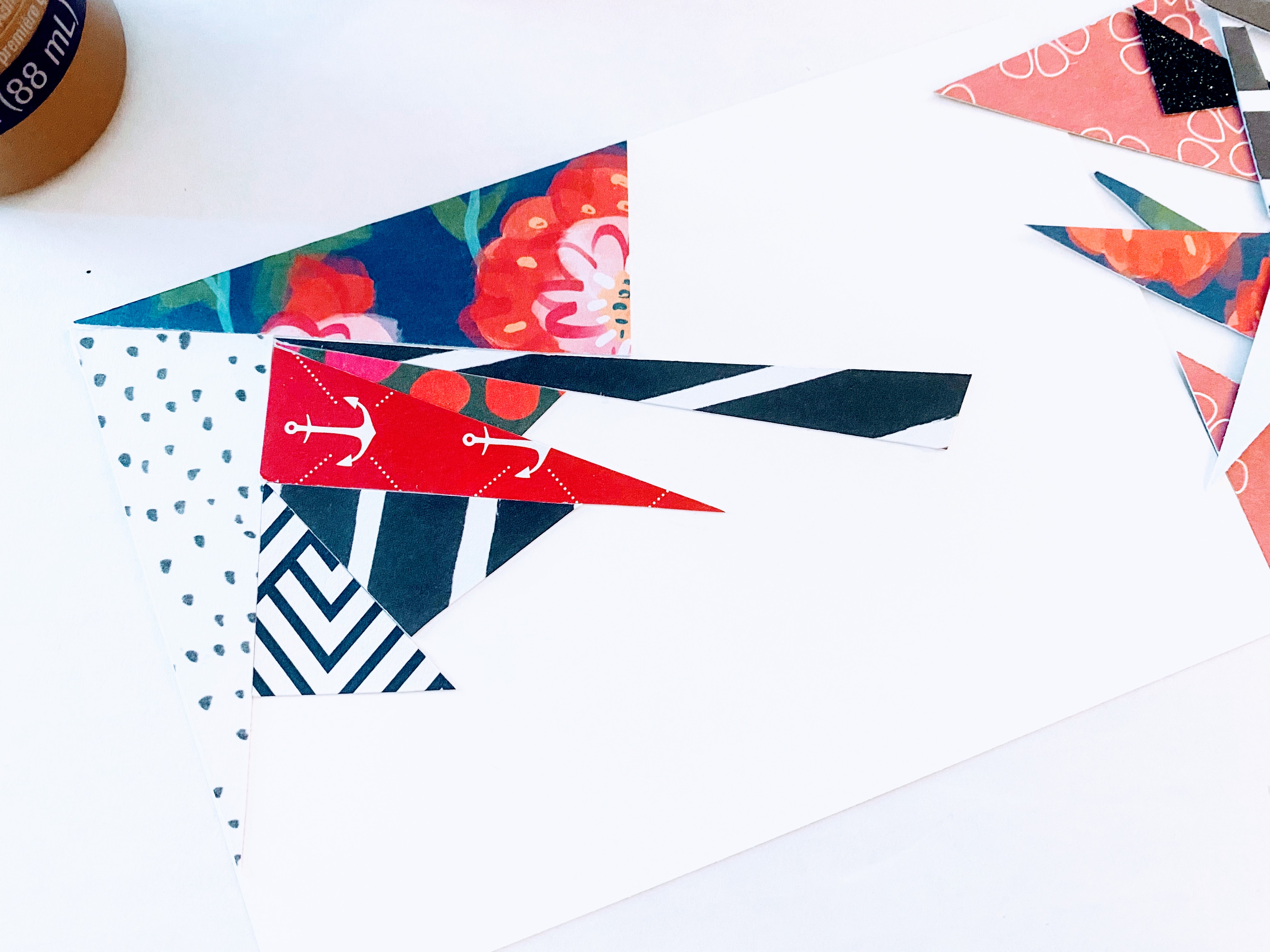 This image shows how we assembled the abstract art card.  We cut various triangles out and starting fitting pieces together.