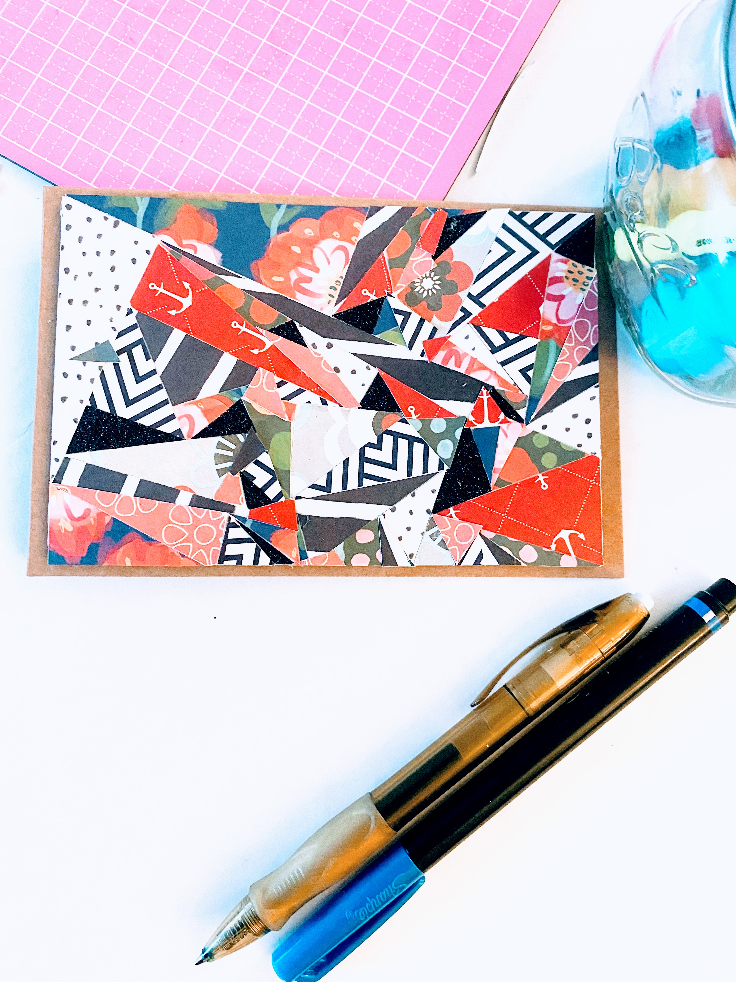 The final look to our homemade abstract art card.  It took a lot of time to assemble the triangles but the effort paid off.