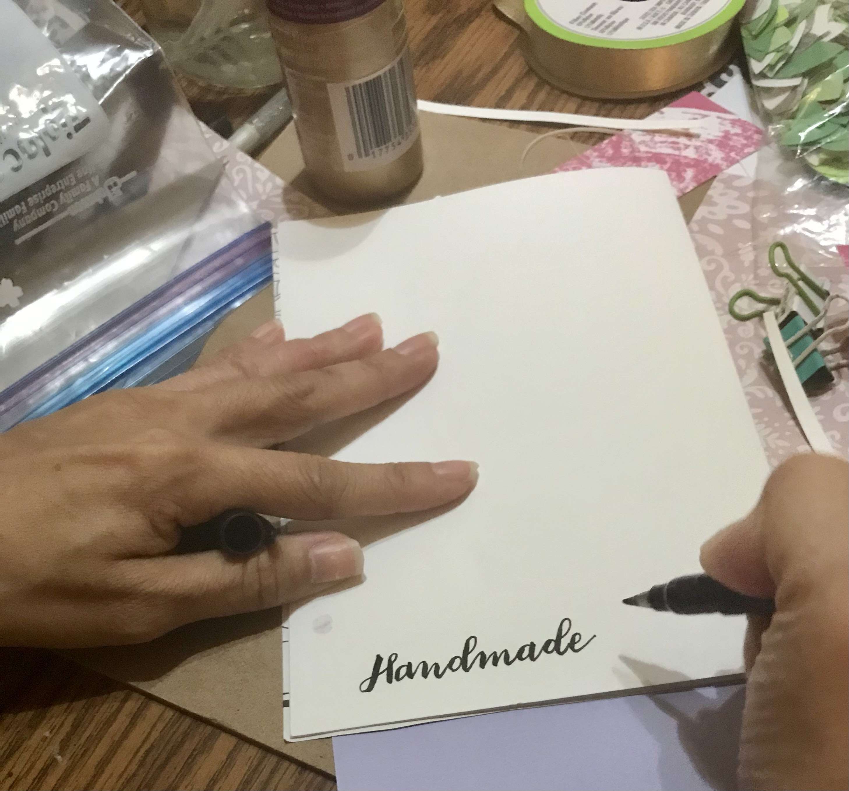 Back of card featuring hand lettering using a brush pen