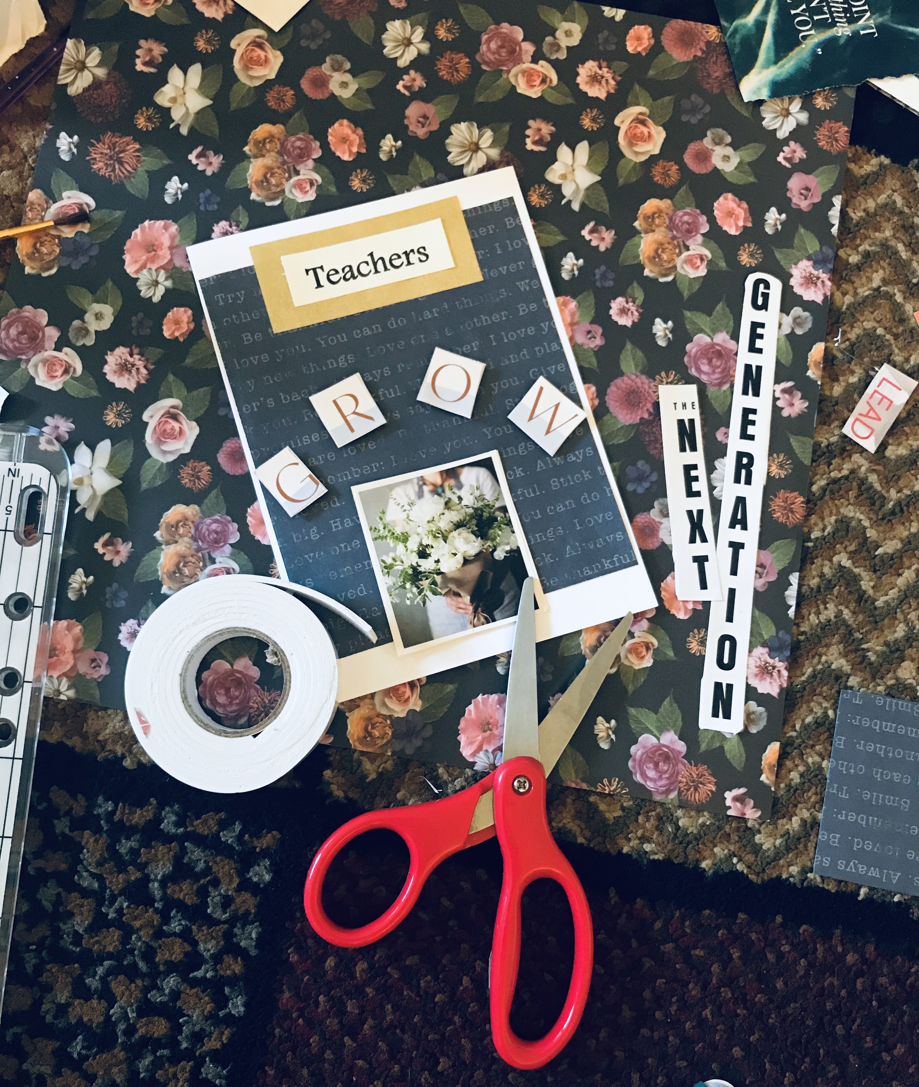 Homemade using upcycled magazines, glue, scissors and foam tape. 