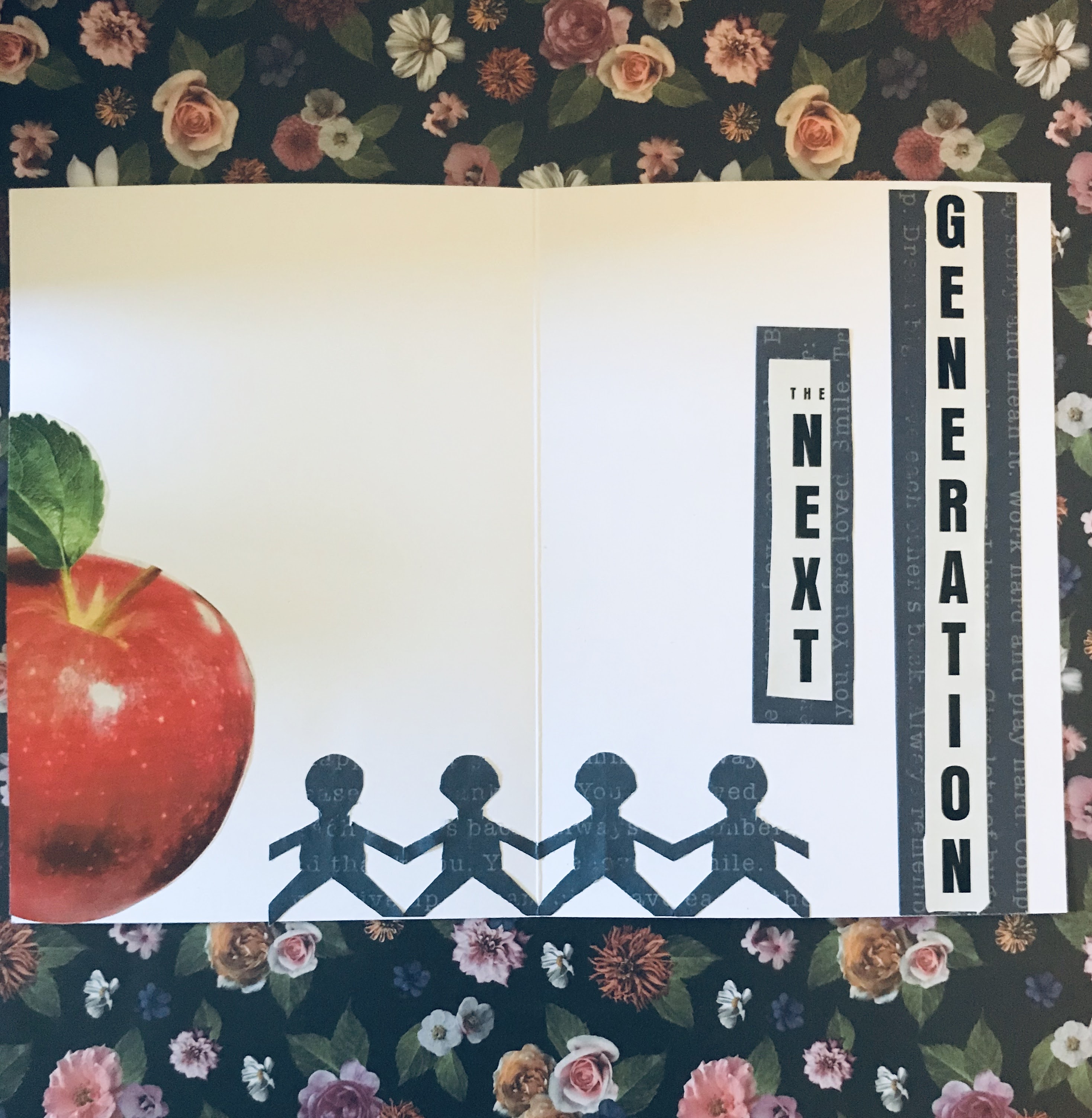 Inside of homemade card with "the next generation" and red apple. 